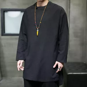 Men Long Sleeve T-shirt Linen Blend Button Neck Kung Fu Shirt Top Sports Casual - Picture 1 of 14