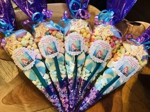24 X My Little Mermaid Pre Filled Party Cones Personalised + Free Sweety Bag - Picture 1 of 2