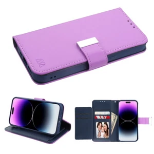 Luxury Purple Leather Wallet Case for iPhone 14 Pro Max, Magnetic Closure, Stand - Picture 1 of 6