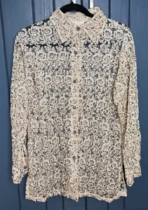 Vintage Cache Cream Beaded Floral Button Down Shirt Shacket Large Art To Wear - Picture 1 of 5