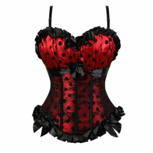 Ladies Sexy Lace Print Polka Dot Corset Bow Cup Zip Side Vintage Corset - Picture 1 of 14