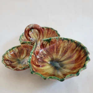 Vintage Italien Braun & Grün Keramik 3 Abschnitte Schale Italienisch MCM Signiert - Bild 1 von 8