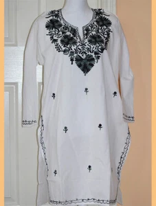 Black Gray Embroidered White Color Long Cotton Tunic Top Kurti from India!! - Picture 1 of 5