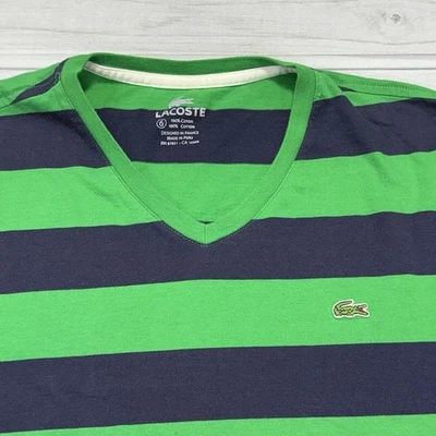 Lacoste T Shirt Mens 6 XL Green Blue Striped V Neck Crocodile Logo Tee - Image 1 of 4