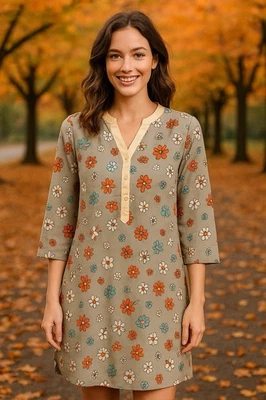 Vestido túnica floral topo Downeast talla pequeña otoño informal boho cabaña hippie Foto 1 de 4