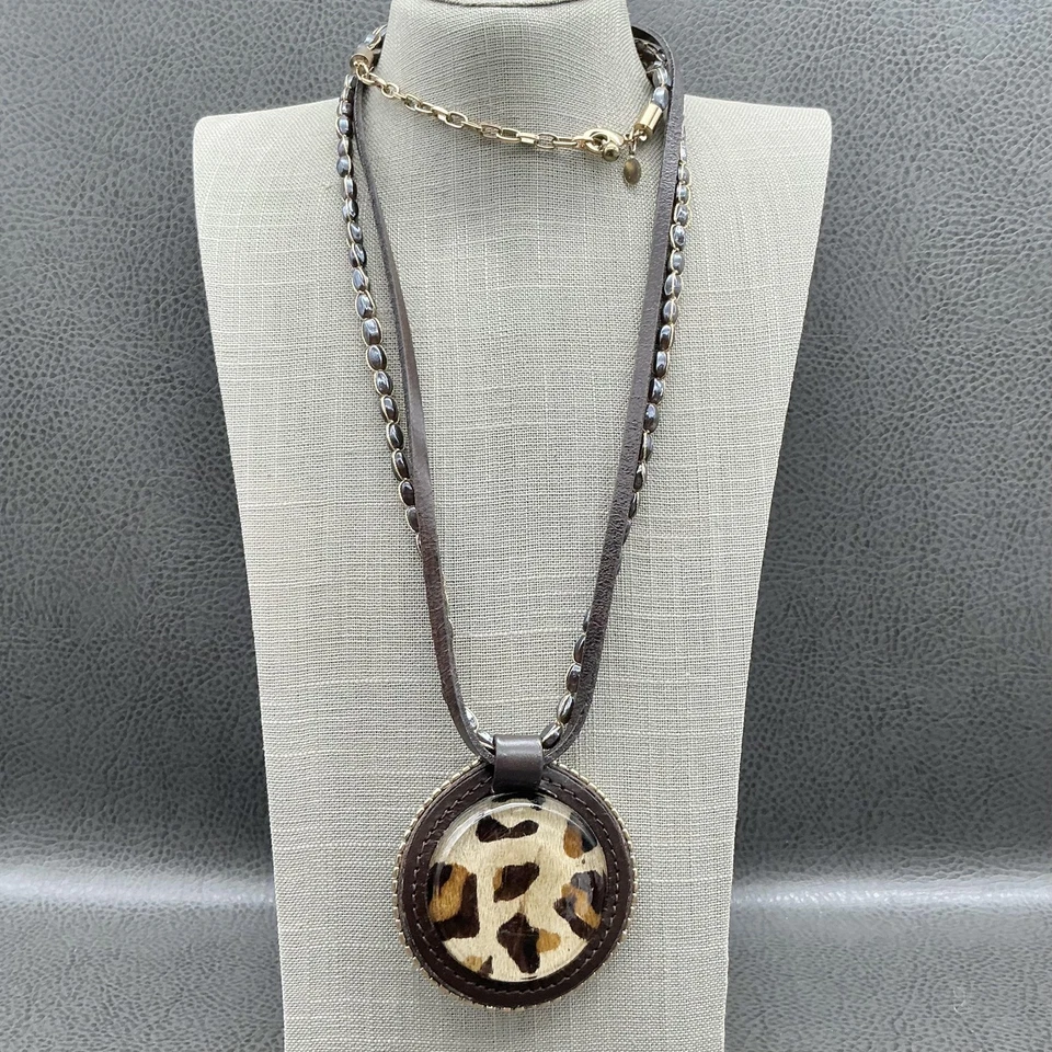 Collar Colgante Chico's Estampado Leopardo Cuero Marrón Cuentas Vidrio Ahumado Tono Dorado Foto 1 de 4