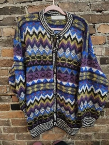 Vintage Alpaca Wool Cardigan Sweater XL Hamd Made In Bolivia Multicolor - Picture 1 of 6