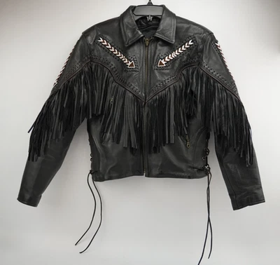 Chaqueta de motocicleta vintage cromada Gear para mujer de cuero negra con flecos y cuentas talla 8 Foto 1 de 4