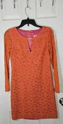 Mini Vestido Trina Turk Funda Crochet Encaje Superpuesto Talla 4 Naranja Con Forro Rosa Foto 1 de 4