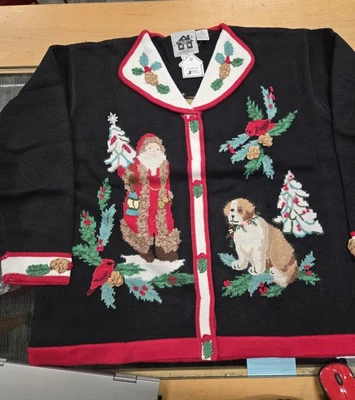 Storybook Knits Size: 2x NEW Christmas  Sweater Cardigan Black/Red Santa Puppy - Image 1 of 4