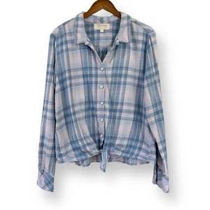 Cloth & Stone Anthropologie Shirt Womens L Blue Pink Plaid Tie Front Long Sleeve - Picture 1 of 9