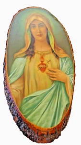 Vintage Large Sacred Heart of Mary Tree Wood Slice Wall Hanging Live Edge - Picture 1 of 20