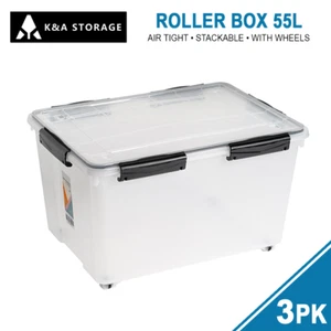 3 x 55L Airtight Roller Storage Box Lockable Plastic Organiser Container Crate - Picture 1 of 4