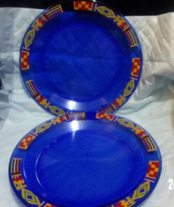 2 -Vintage ARCOROC -FRANCE Cobalt Blue Aztec Design DINNER PLATES 10" - Picture 1 of 6
