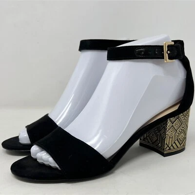 Correa de tobillo de gamuza sintética negra Nine West diseño dorado tacones en bloque talla 6,5 M Foto 1 de 4
