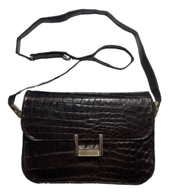 Bolsa tiracolo vintage Lancel com aba couro de crocodilo alça de ombro marrom Paris - Imagem 1 de 4