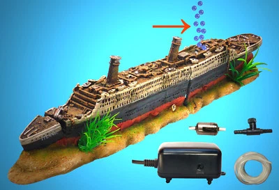 Aquarium Deko sprudelndes 🍀 TITANIC SET ➕ LUFTPUMPE 🍀 ➕ Zubehör Schiff (VO)