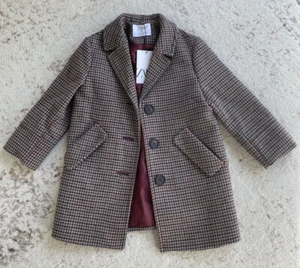 New Zara Kids Brown Maroon Red Houndstooth Plaid Tweed Coat 7 Years - Picture 1 of 7