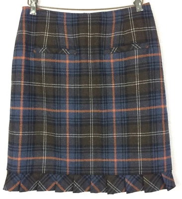 Cabi Plaid Skirt Pleated Hem Blue Brown Orange Wool Blend Size 6 - Image 1 of 4