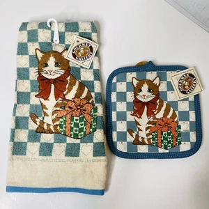 Vtg 80s The Kitchen Works B&D kitchen towel pot holder set CAT Kitten Christmas - Picture 1 of 7