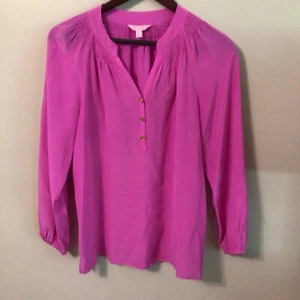 Lilly Pulitzer Women’s Hot Pink Silk Long Sleeve Elsa Blouse S - Picture 1 of 2