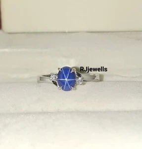 Vintage Blue Lindy Star Ring Lab Created Six Star Gemstone Ring 925 Silver Ring - Picture 1 of 4