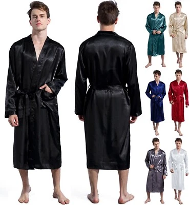 Mens Satin Silk Pajamas Long Robe Kimono Bathrobe Dressing Gowns Pjs Loungewear - image 1 of 4
