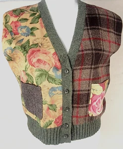 Vintage 80s Ralph Lauren Patchwork Floral Plaid Wool Vest Womans Size L Rare HTF - Picture 1 of 11