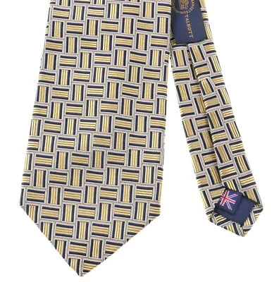 Robert Talbott Navy Blue & Gold Woven Geometric Grid ENGLISH SILK Tie - Image 1 of 4