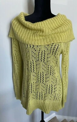 Suéter ELLE Chartruse Verde Amarillo Capucha Cuello Crochet Tejido Abierto Metálico Talla M Foto 1 de 4