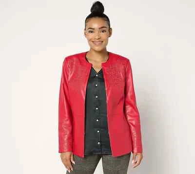 Isaac Mizrahi Live! Chaqueta de imitación de cuero bordada, grosella roja X-Large A667732 Foto 1 de 4