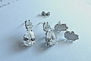 (2) Vintage 925 STERLING OHRRINGE funkelnd CZ HÄNGER TROPFEN Hamsa Hand/kostenloser Versand - Bild 1 von 7