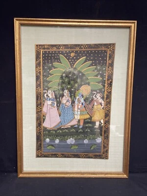 Pintura gouache hindú indio vintage sobre tela, enmarcada bajo vidrio. Foto 1 de 4