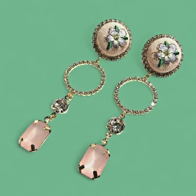 PENDIENTES CRISTAL BORDADO ROSA FLOR VIOLETA DORADO FLORAL COTTAGECORE 5V Foto 1 de 4