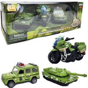 3 in1 Kids Friction Powered Military Army Vehicles Toy Set Tank Truck Motorcycle - Picture 1 of 22