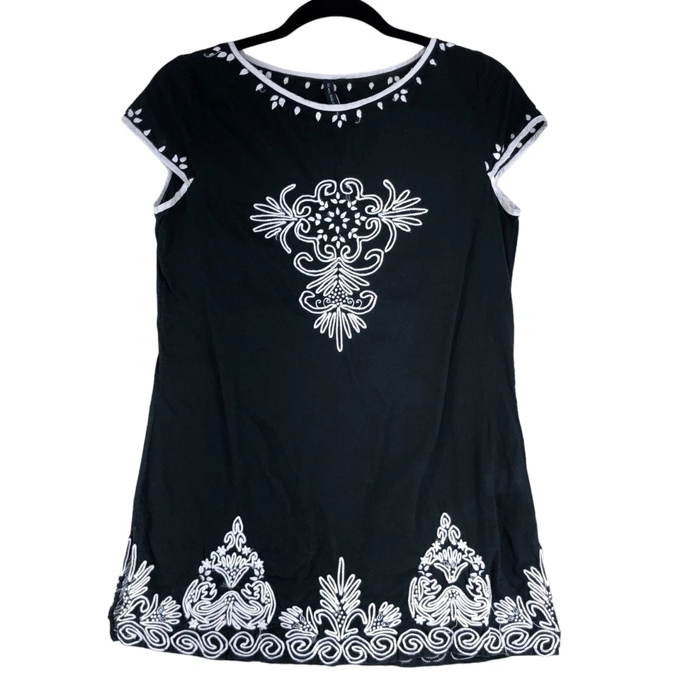 KAS Designs Women Size S Embroidered TunicTop Black White Boho Cap Sleeve Cotton - Image 1 of 4