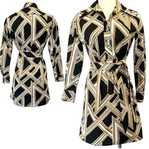 Vintage 60s 70s Lanvin Op Art Black Tan White Geometric Print Shirt Dress 10 - Picture 1 of 13