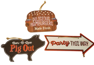 BBQ Pig Out Fresh Hamburgers Party This way Sign Decor Lot ManCave Patio Deck - Picture 1 of 2