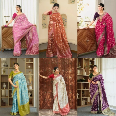 BANARASI SOFT SILK SAREE WITH BLOUSE INDIAN WEDDING PARTY WEAR SARI - image 1 of 4