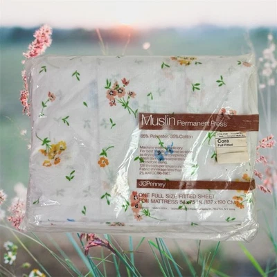 JCPenney NOS VTG Muslin White & Floral Print Cora Full Fitted Sheet In Package - Image 1 of 4