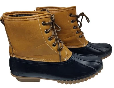 Charles Albert Vegan Leather Boots Duckie Waterproof Tan Navy Womens Size Nine M - Image 1 of 4