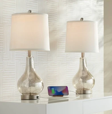 Ledger Modern Accent Table Lamps 21 3/4" High Set of 2 Mercury Glass USB Bedroom - Image 1 of 4