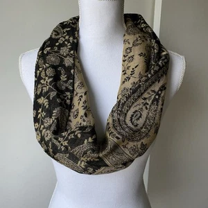 Cashmere Infinity Scarf Silk Blend Black Beige Paisley Soft EUC Floral Leaves - Picture 1 of 20