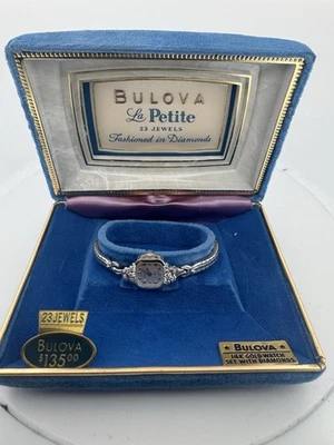 复古女士宝路华 23 珠宝 14K 纯白金 带 10 钻石腕表 — 第 1/4 张图片