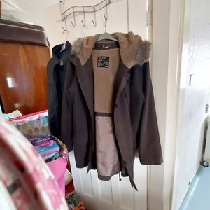 River Island mens hooded coat. suede look hood fur lined. back quilt lined - Picture 1 of 5