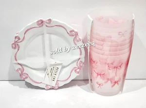 Bella Lux Pink Coquette Bows Melamine Appetizer Plates + Tumblers Glasses 12pc - Picture 1 of 7