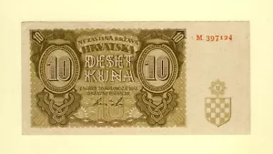 CROATIA KINGDOM, WWII 10 KUNA 1941 P-5a VF++ GOVERNMENT NOTES Prefix M - Picture 1 of 2