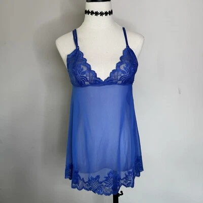 FREDERICKS OF HOLLYWOOD Azul Encaje Transparente Babydoll Vestido Sin Mangas Conjunto Chemise Hada M Foto 1 de 4