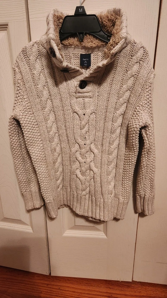 Gap Kids Boys Cableknit Sweater With Fur Collar Beige Size XS 4-5 - Image 1 of 3