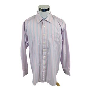 Paul Frederick Dress Shirt Mens Size 17 Pink Blue Button Up Striped Adult